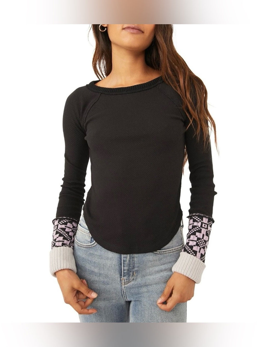 Free People She’s Reversible Cuff Top Thermal Crew Neck Long Sleeve Gray Boho XL